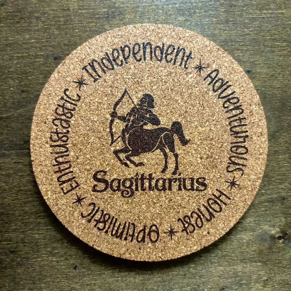 Sagittarius Zodiac Sign Encircled Laser Engraved Cork Coaster